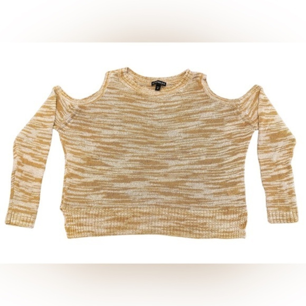 Express Womens Mustard‎ Yellow White Space Dye Cold Shoulder Sweater XS